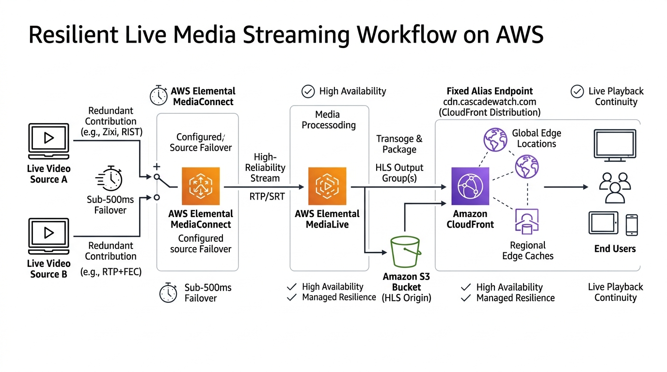 Resilient Live Media Streaming on AWS for Cascade Watch case study